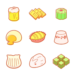 Cartoon Cantonese Tea Snacks Icons Set