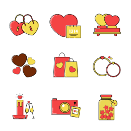 Qixi Festival Symbols Icons Set