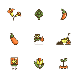 Flora, Vegetables & Gardening Tools Icons Set